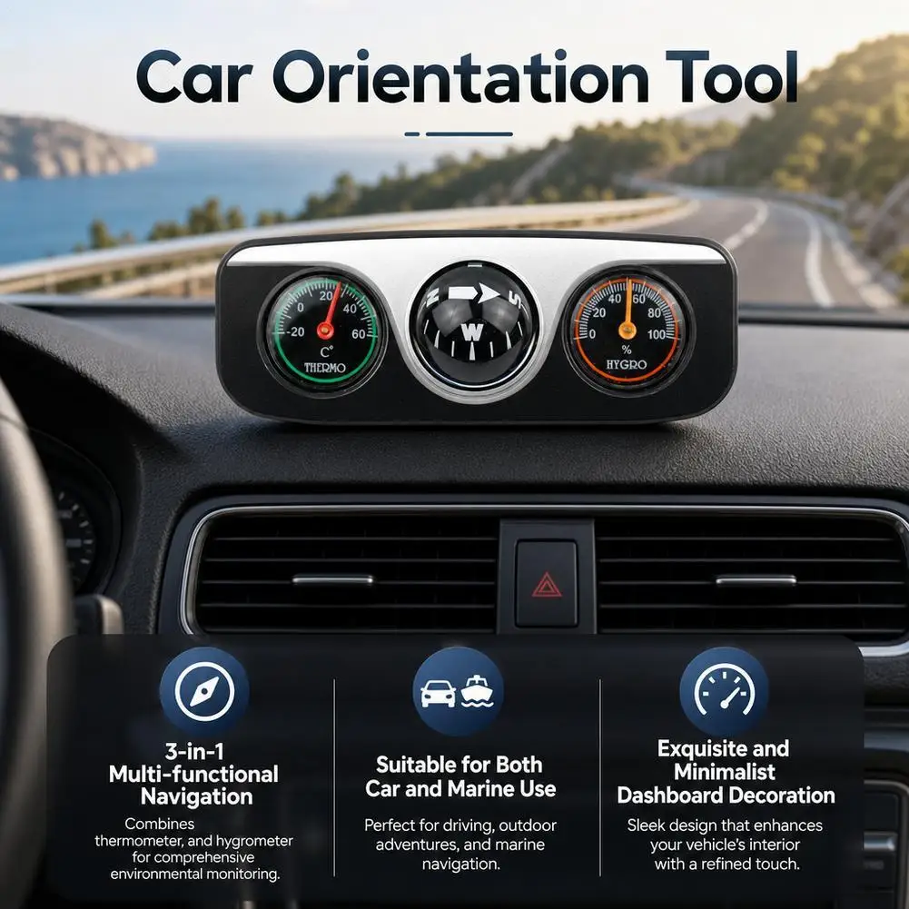3 In 1 Car Compass Thermometer Hygrometer Dashboard Mount Ball Navigation Guide For Auto Truck Boat Marine Accessories