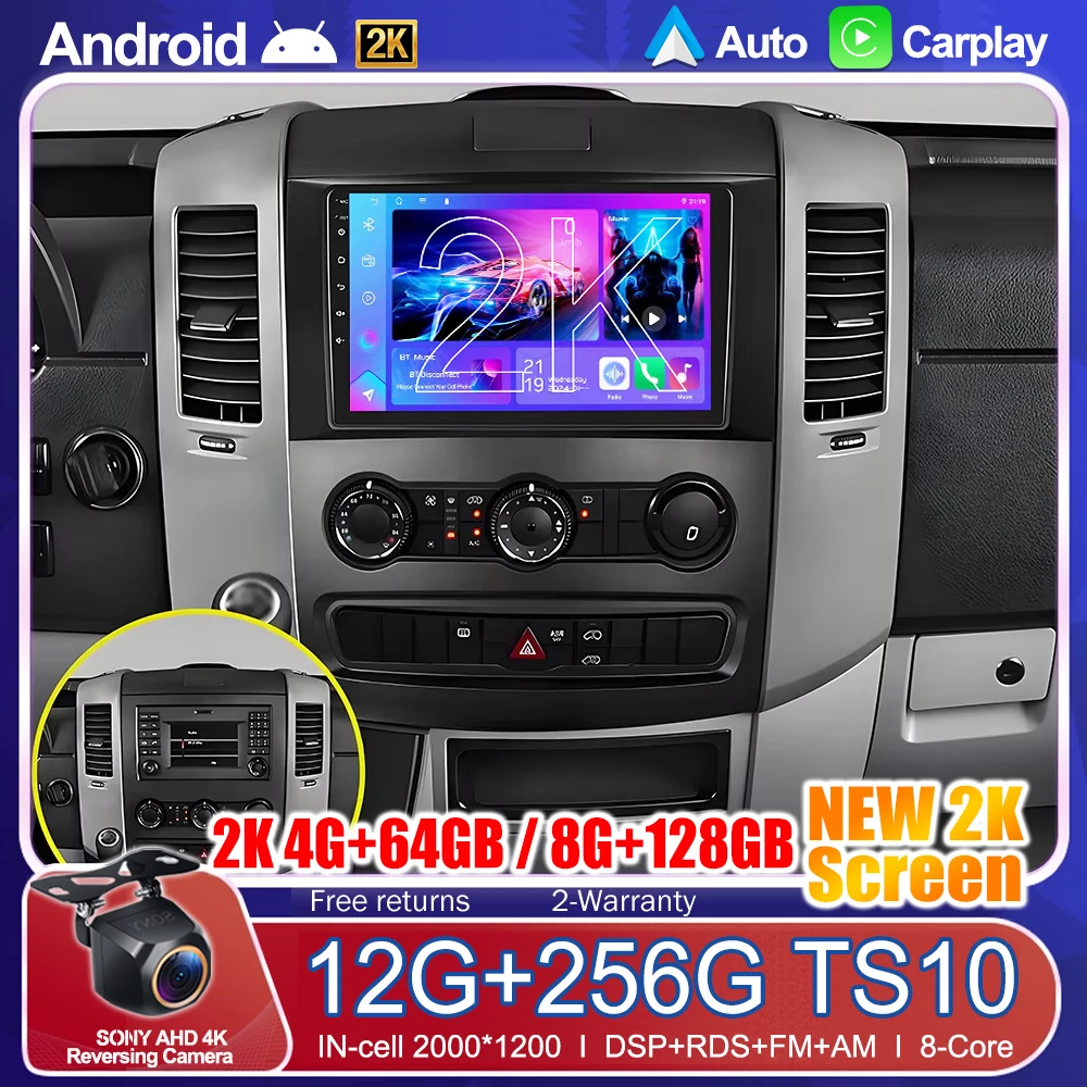 Rádio Automotivo Android 16 com GPS para Mercedes Benz Sprinter 2009 e VW Crafter, Reprodutor Multimídia com Tela Touchscreen, WIFI, sem DVD 2din.