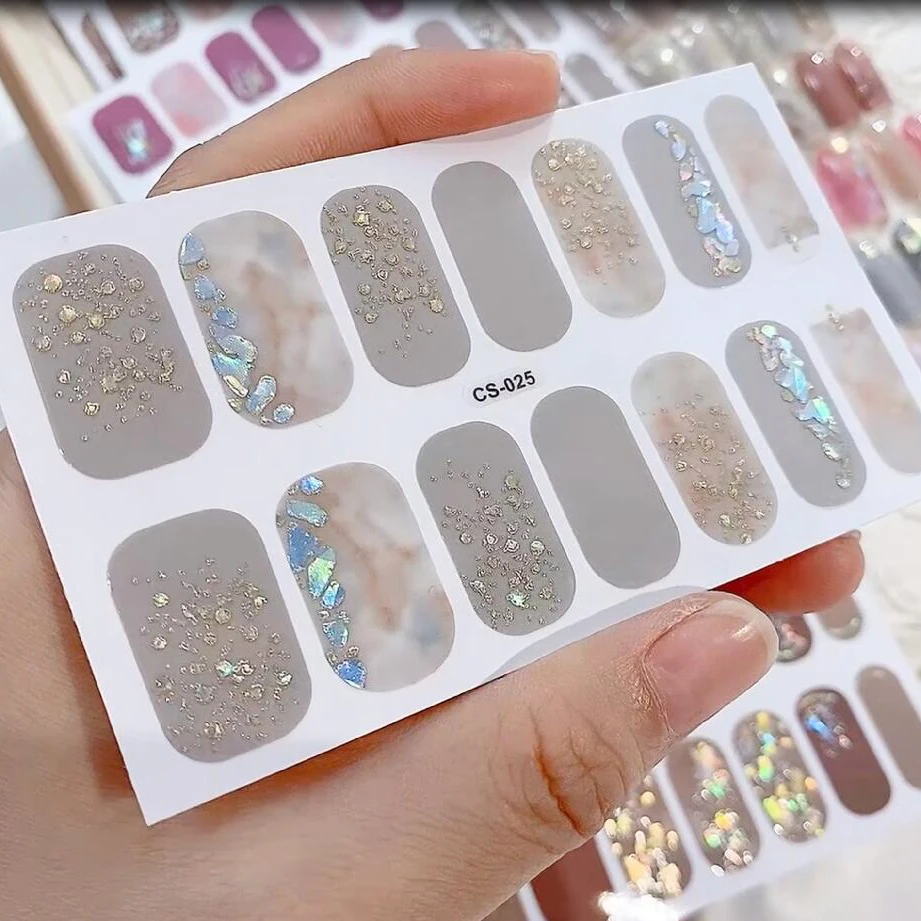 14 نصائح/ورقة الخبز خالية الرخام التدرج مسمار الشريط مع شريحة أذن البحر غير النظامية ملصقات طلاء الأظافر طويلة الأمد الأشعة فوق البنفسجية مسمار مائي