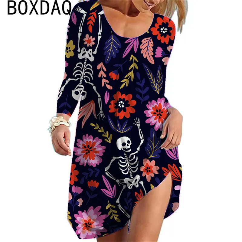 

Horror Skull Print Halloween Style Dress Autumn Women's Long Sleeve Causal Loose Big Size Dress Fashion Street Personality Dress