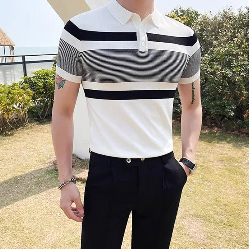 

Men's Clothing American New Arrival Summer Striped Polo Shirt Sporty Trendy Versatile Stylish Short Sleeve T-Shirt Collared