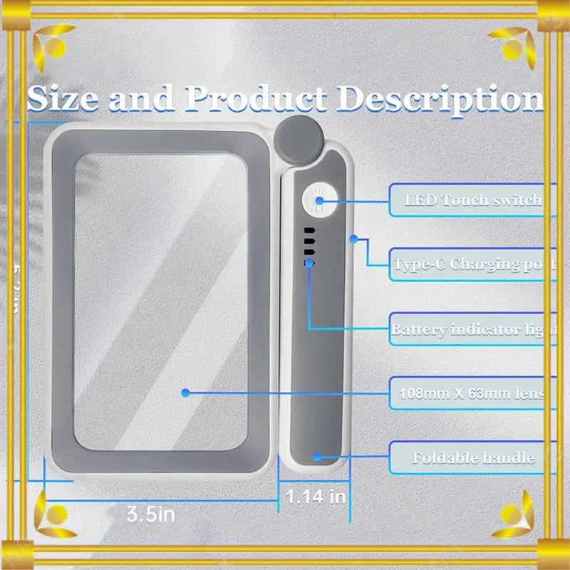 DN-อ่านแว่นขยายพร้อมแสง, 4X ชาร์จมือถือแว่นขยายส่องสว่างพับ Loupe เลนส์ขนาดใหญ่สําหรับผู้สูงอายุ