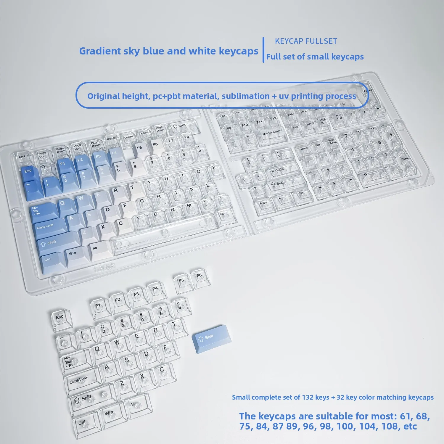 Blue and White Cherry Profile Keycaps 164 Keys Additional Transparent Gradient PC+PBT Transparent Full Set Key CapsBoxed