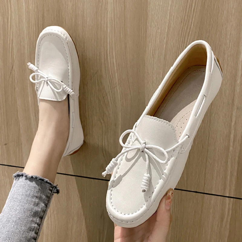 Classic Bowtie Mocasines Woman Genuine Leather Flats Cowhide Single Shoes Ladies Daily Walking Driving Loafers Pregnant Sneakers