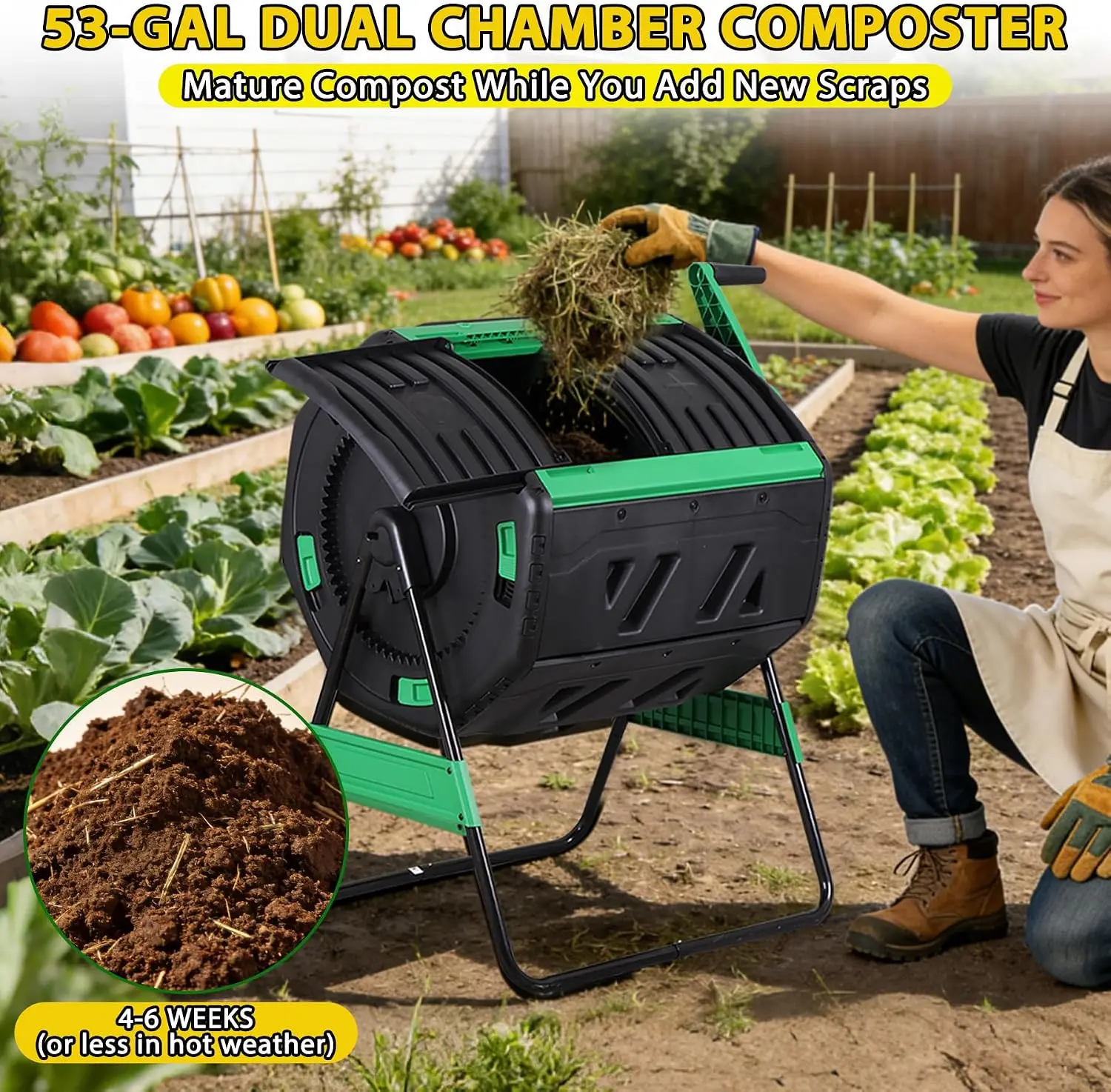 Dual Chamber Large Outdoor Compost Tumbler 53 Gallon Rotating Garden Waste Bin With Heavy Duty Steel Frame And Sliding Doors Eco Friendly Backyard Soil Fertilizer Container