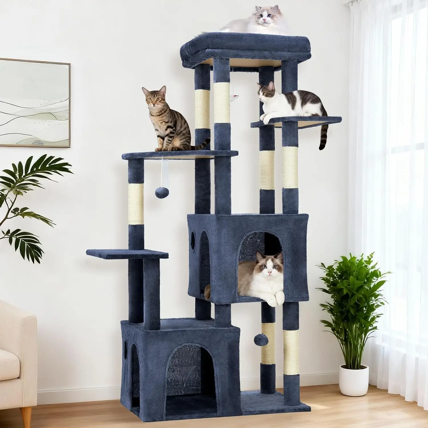 Arbre à chat multi-niveaux Garvee Blue 150 cm pour grands chats d'intérieur, avec 7 poteaux à gratter en sisal, 2 condos spacieux, 4 perchoirs surélevés et 2 balles interactives suspendues