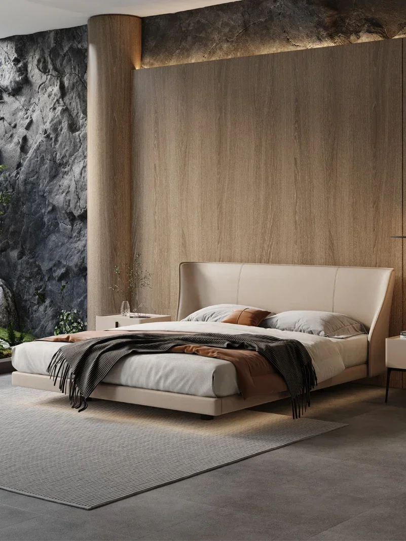 

Master bedroom suspended leather bed Nordic tpye luxury Italian minimalist 1.8m cream style