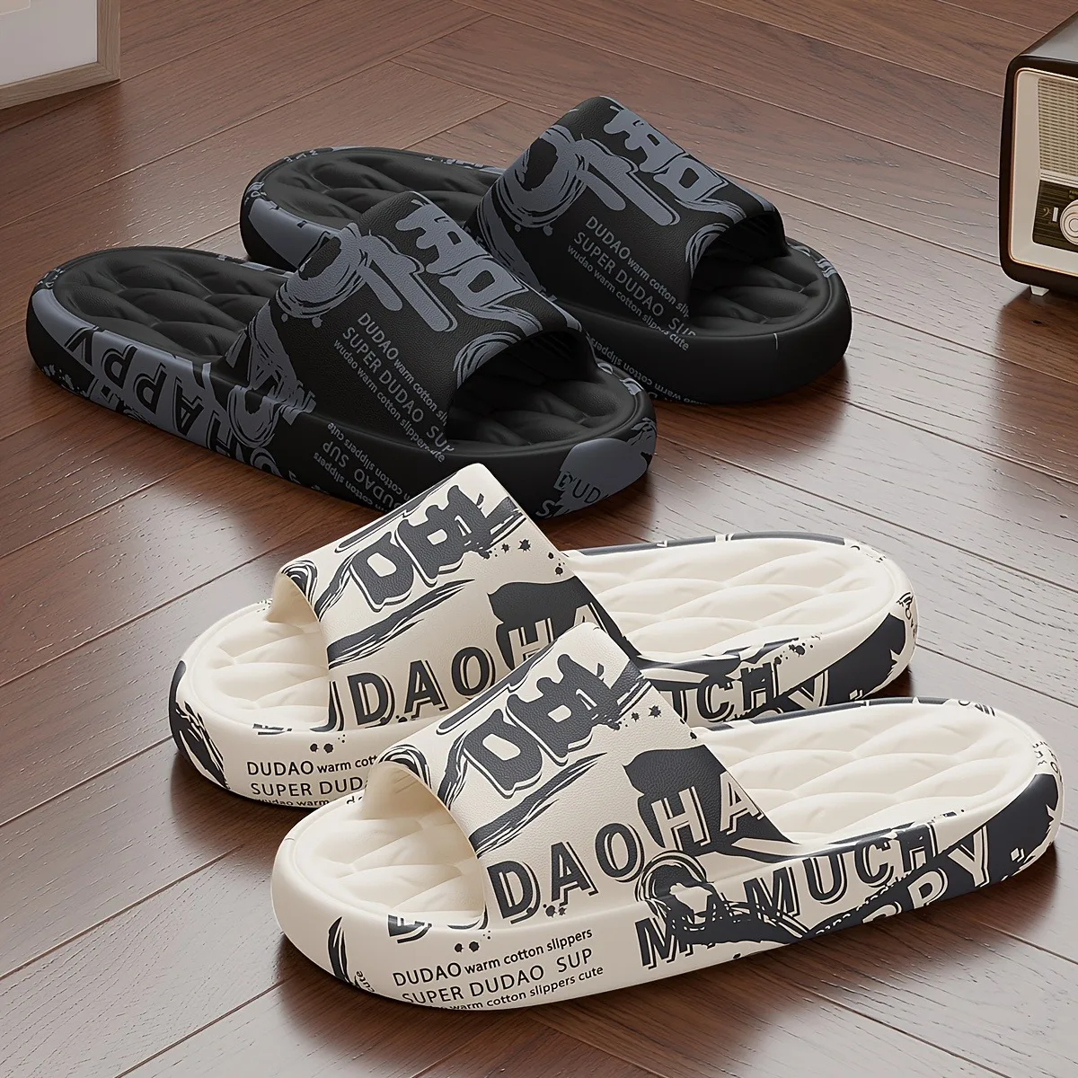 

Trendy EVA Graffiti Slides for Men and Women Soft Comfortable Black White Design Playful Patterns Casual Home Outdoor Wear