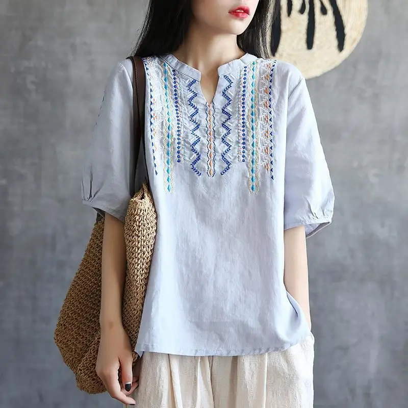 Women Summer Simplicity Embroidered Loose Cotton and Linen V-neck Short Sleeve T-Shirt Ladies Casual All-match Appear Thin Tops