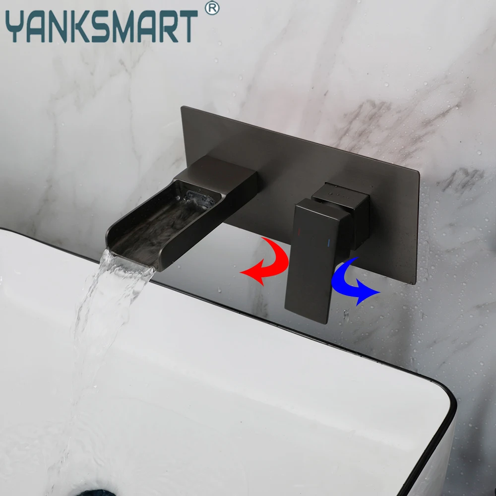 YANKSMART Gun Grey Bathroom Faucet Embedded Box Valve Basin Sink Faucets Wall Mount 1 Handle Waterfall Mixer Tap Crane Torneira