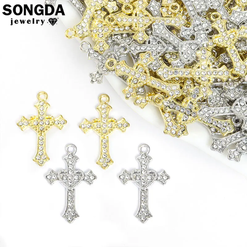 10pcs Metal Crystal Crucifix Charms Heart Shaped Intertwined Cross Pendants DIY Religious Jewelry Necklace Earrings Accessories