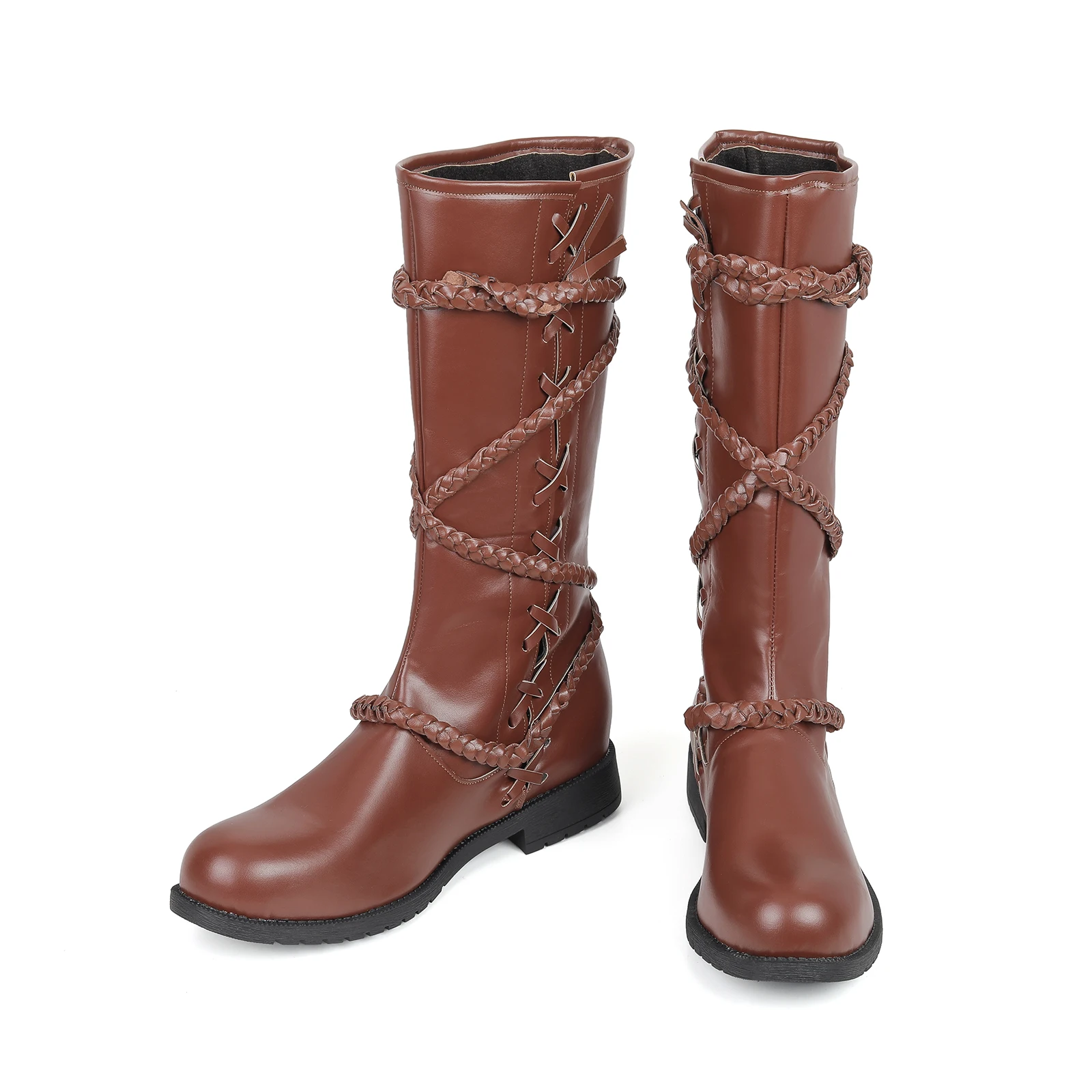 

Men's Renaissance Medieval Black Brown Woven Cord decoration Faux Leather Boots Halloween Cosplay Gothic Pirate Viking Shoes
