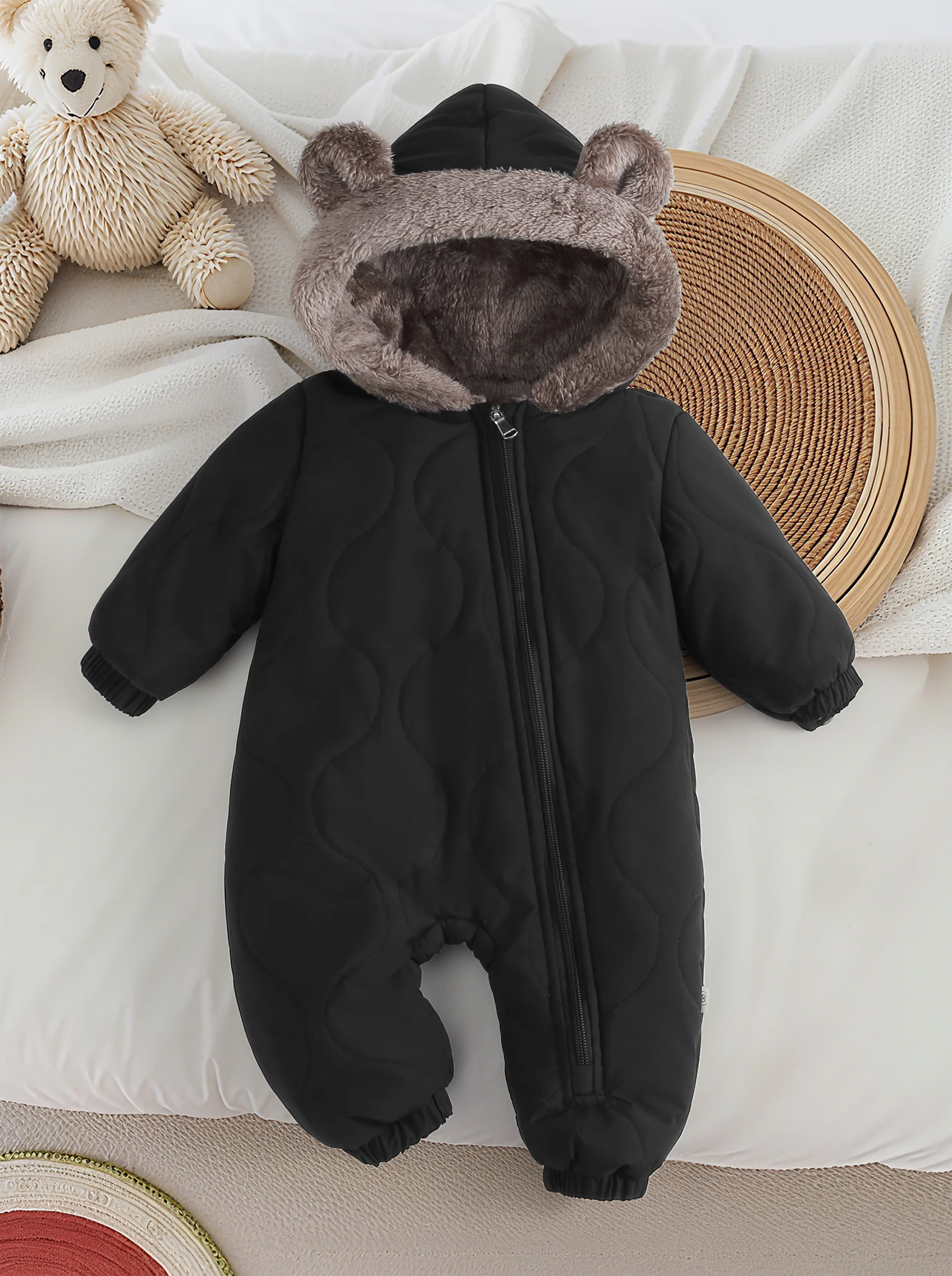 

Infant Cartoon Bear Thickened Fleece Jumpsuit Newborn Winter Cold-Proof One-Piece Outfit with Hood for Outdoor Wear