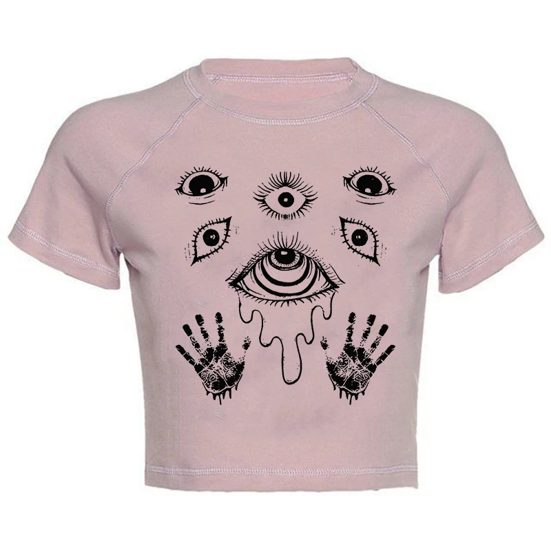 Women's Short Sleeve Top Goth Aesthetic Harajuku High Street T-Shirt Creative Eye Pattern Printing Top Punk Y2K Baby Slim Summer