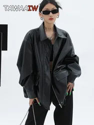Tawaaiw Unisex Black Pu Leather Coats And Jackets Women Long Sleeve Pocket Turn-down Collar Streetwear American Retro Outerwear