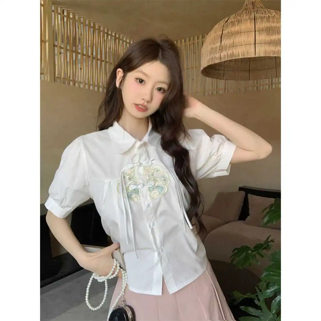 

Elegant Embroidered Chinese Style Shirt Women's Summer Design Unique Button Detailing with Face Skirt Top