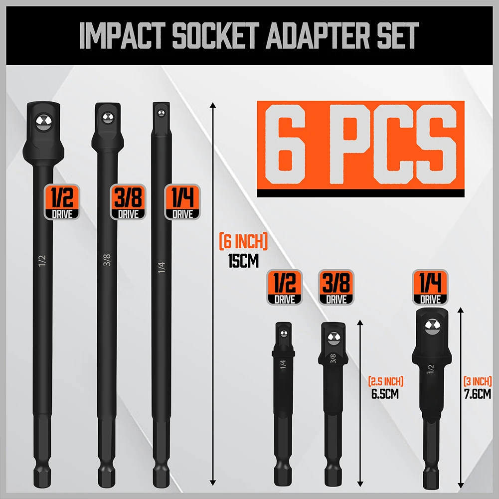 6PC Hex Shank Convert Socket Adapter for Impact Drill to Wrench Driver Square Converter Bit Conversion Joint Extension Rod Set