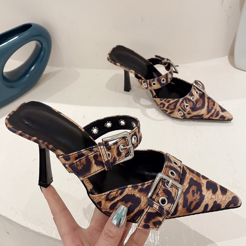 

Silvery Female Pumps Luxury Leopard Footwear Ladies High Heels Slides Shoes Sandals Fashion Women Thin Heels Slippers Plus Size