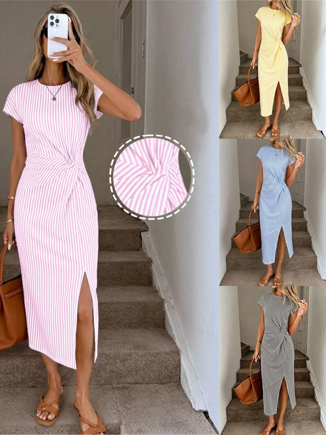 Women's temperament elegant design sense waist twisted round neck cinched waist slit short sleeved dress