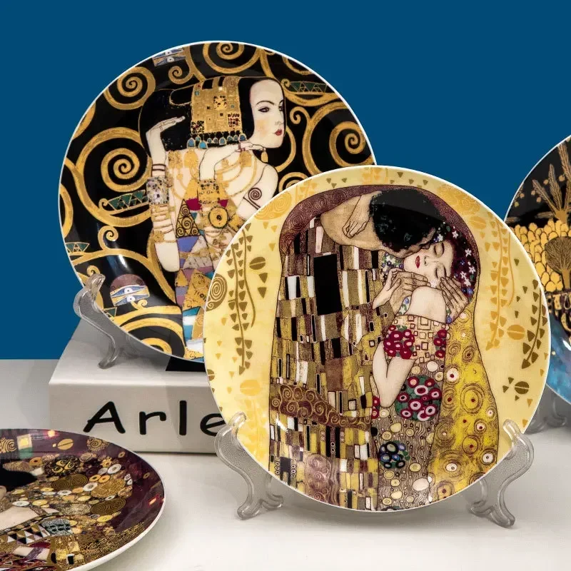 Klimt Kiss-Oil Painting Art Decorative Plate, Wall Hanging Plates, Porcelain Fruit Dessert Dining Plate,Home Decoration, 8-inch - view 2