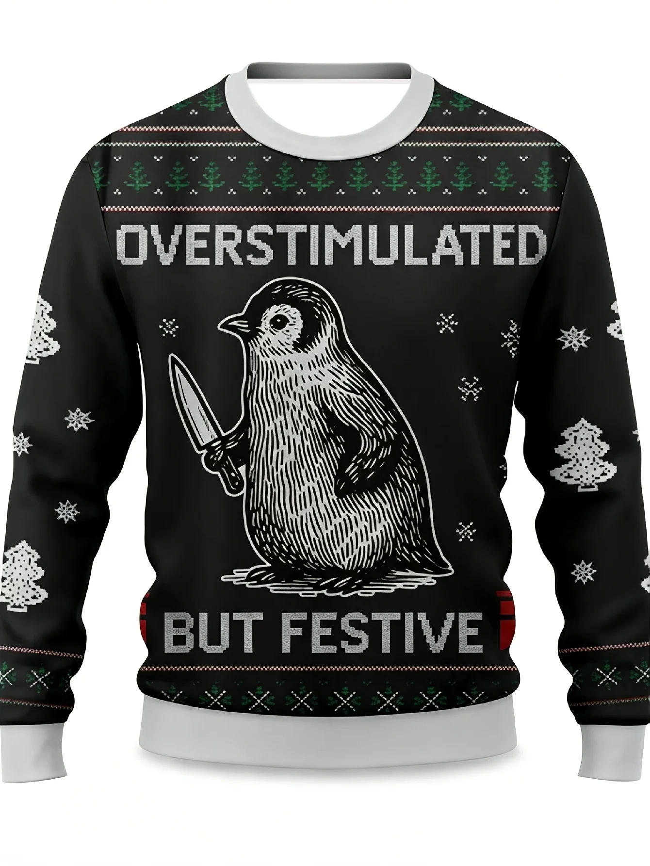 Men Crewneck Sweatshirt, Overstimulated But Festive Penguin Knife Xmas Polyester Pullover