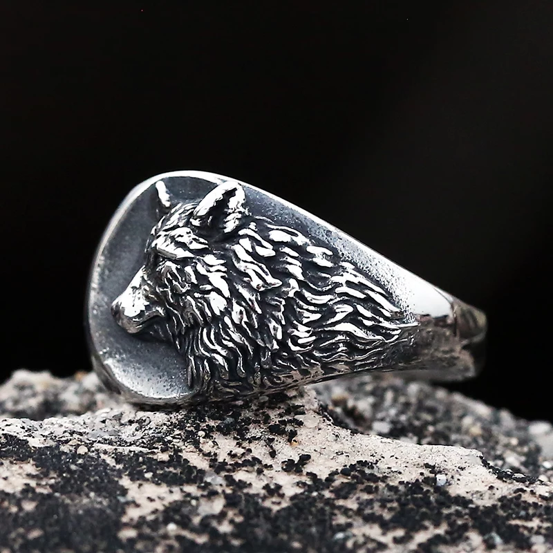 Dropshipping Vintage 316L Stainless Steel Viking Nordic 3D Wolf Of Thor Norse High Quality Wolf Animal Jewelry Men Ring view 3