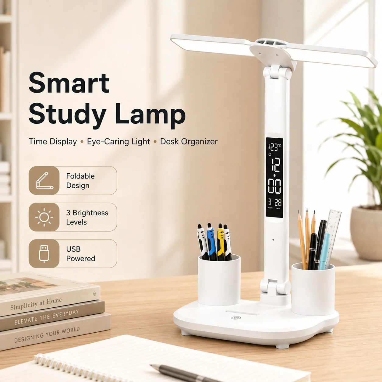 LED Desk Lamp with Calendar Clock 3-Color Dimmable Touch Reading Light Anti Blue Light Eye Protection Lamp with Pen Holder
