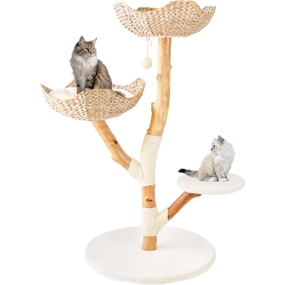 

Real Wood Modern Cat Tree Tower for Indoor Cats Large Adult, Wooden Kitty Climbing Tower with Scratching Post and Bed, Boho Aest