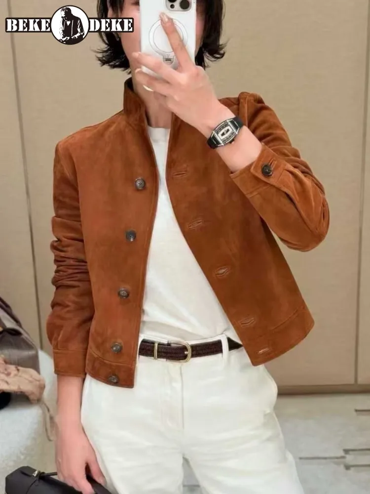 Vintage Women Slim Fit Single Breasted Stand Collar Real Suede Leather Jacket Fashion Short Style Soft 100% Genuine Leather Coat