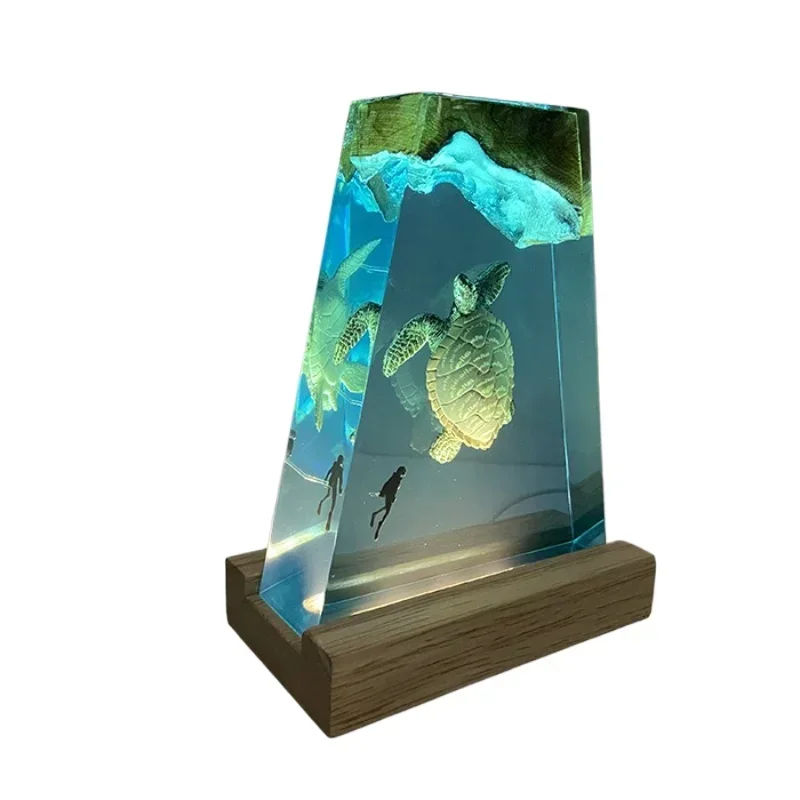 Transparent resin Epoxy small ornament finished marine micro landscape sea turtle diver night light niche design gift