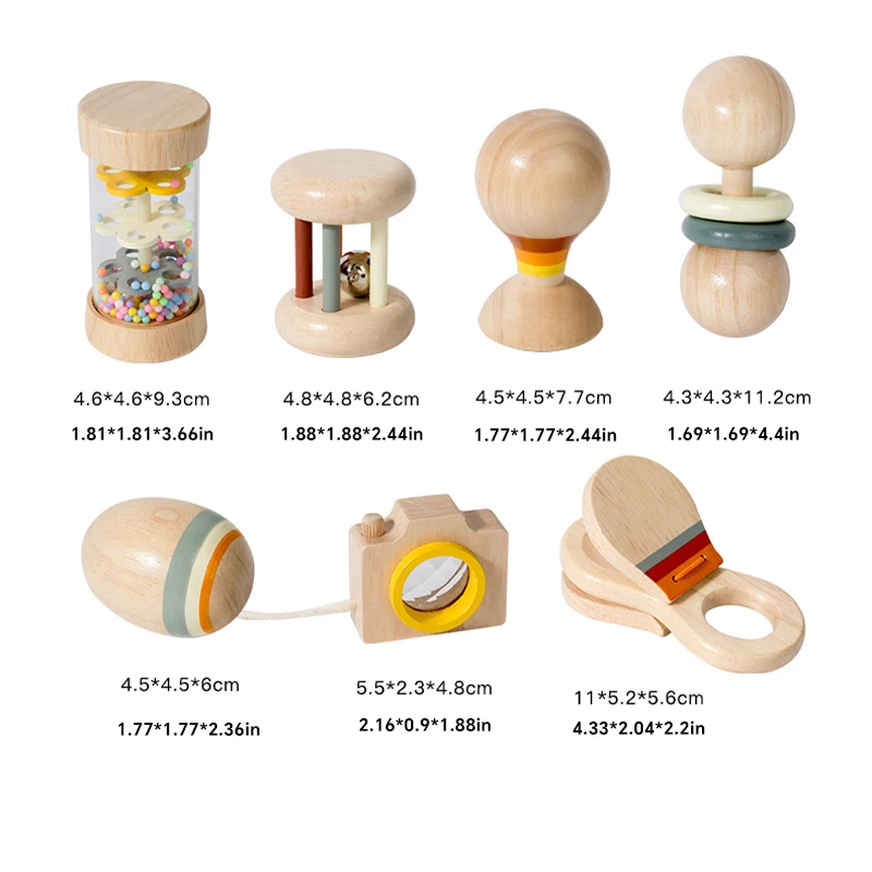 Juguetes de madera Montessori para niños, juego de sonajero para bebé de 7 piezas, juguetes con sonido, entrenamiento de agarre, ayuda para educación temprana, regalo
