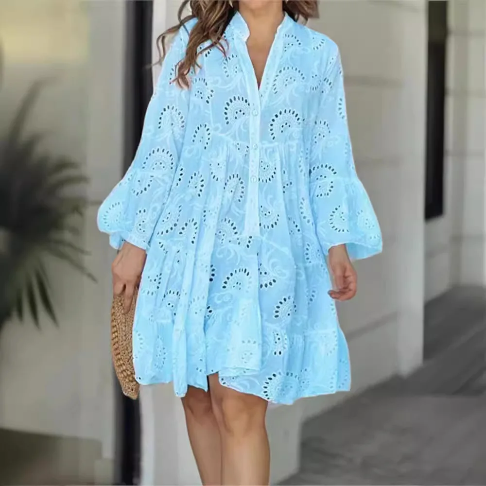 Spring Summer New Women\'s Dress Solid Color V-neck Embroidered Hollow Lace Flower Sexy Dress Loose Casual Broken Copper Dress