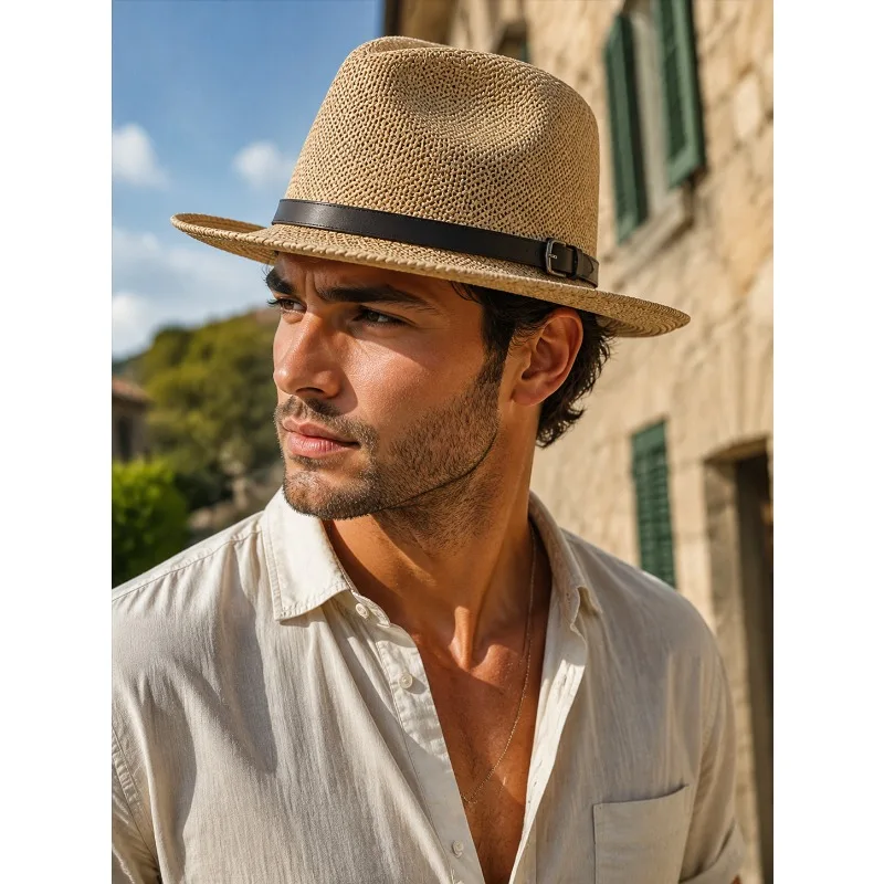 Structured British Style Straw Fedora Hat Large Size for Men Summer Sun Protection Outdoor Wide Brim