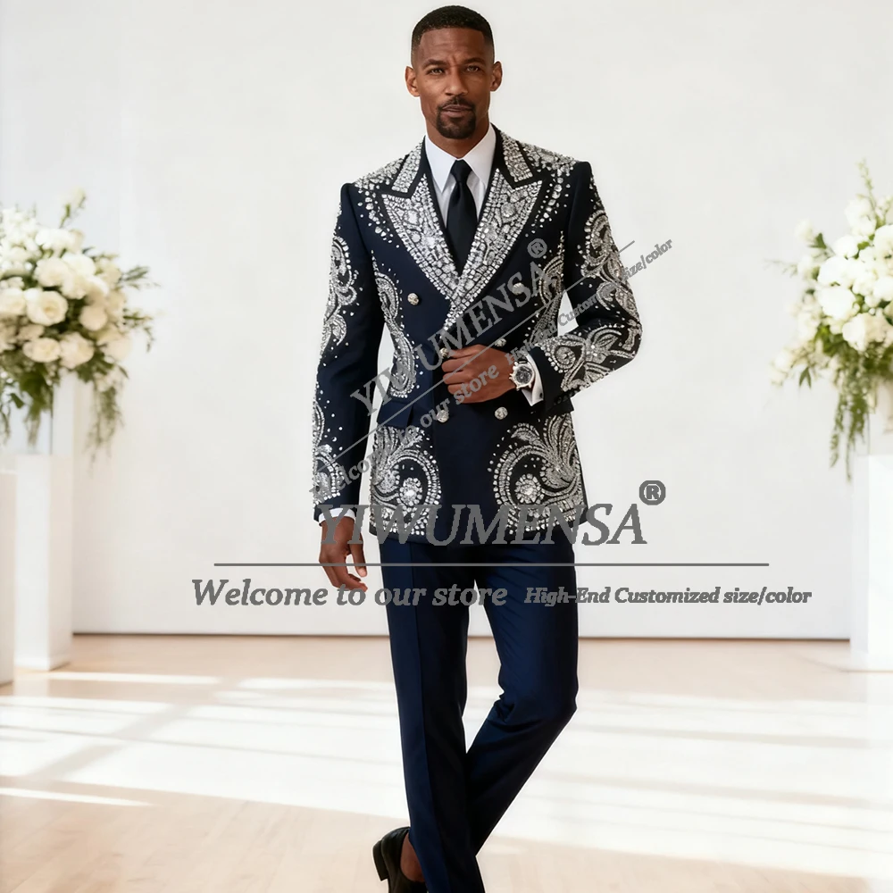 

Luxury Beaded Stones Wedding Suit Attire For Men 2 Piece Set Groom Tuxedos Double Breasted Prom Blazer Terno Masculinos Completo