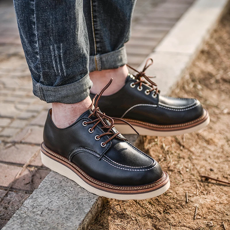 Leather Work Boots American Retro Style Low Cut  Shoes British Casual Large Head Shoes Comfortable Breathable Men's Foo...