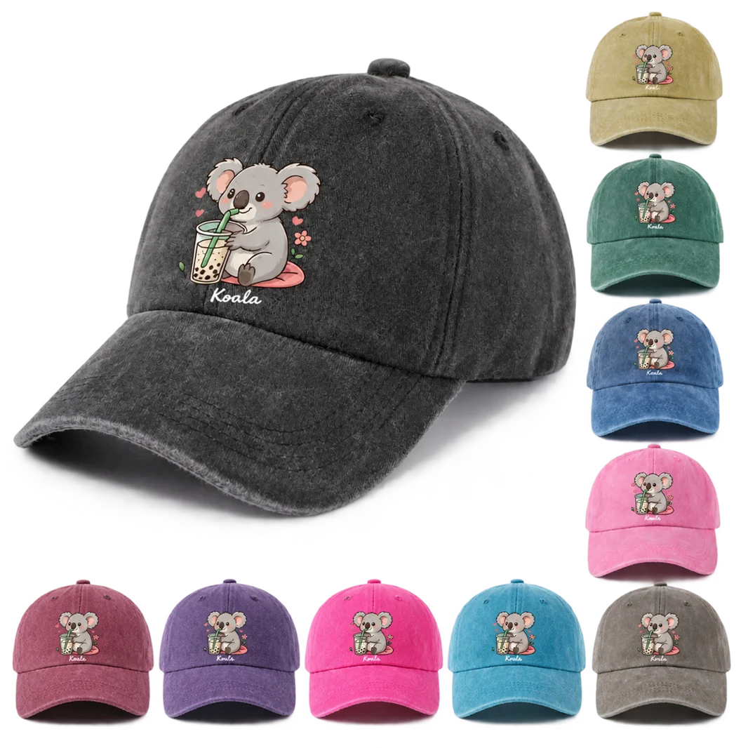 Koala Bubble Tea Graphic Baseball Cap, Vintage Washed Adjustable Unisex Dad Hat, Cute Boba Animal Lover Gift