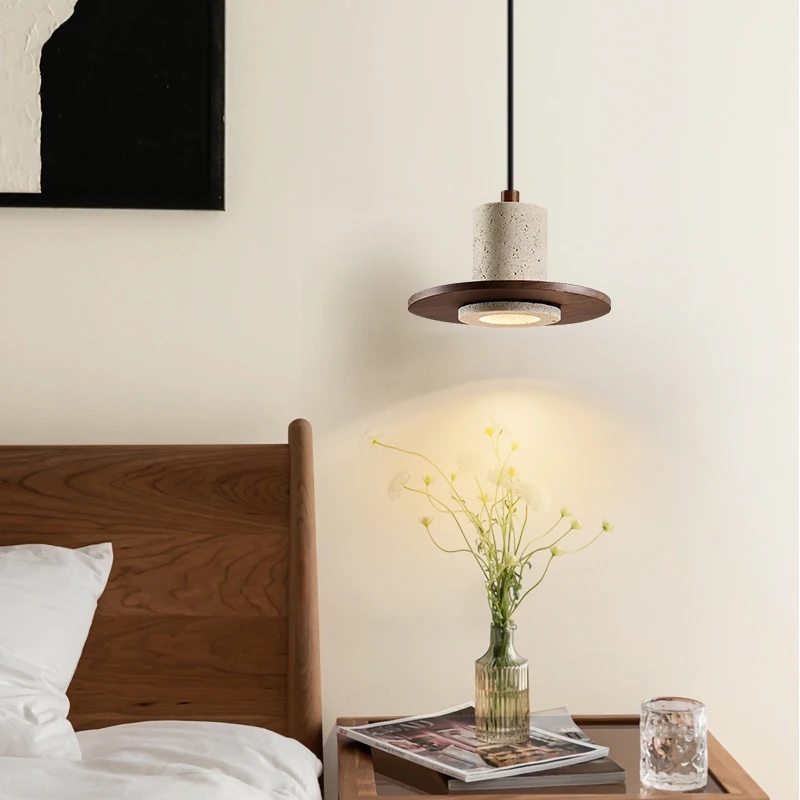 Japanese Wabi-sabi Rotundity Wooden Pendant Lights Cylindrical Yellow Travertine Hanging Lamps Living