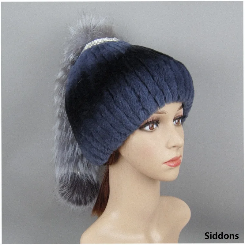 Russia New Style Women Natural Real Fox Fur Beanies Hat Girls Natural Real Rex Rabbit Fur Skullies Cap Knit Winter Real Fur Hats