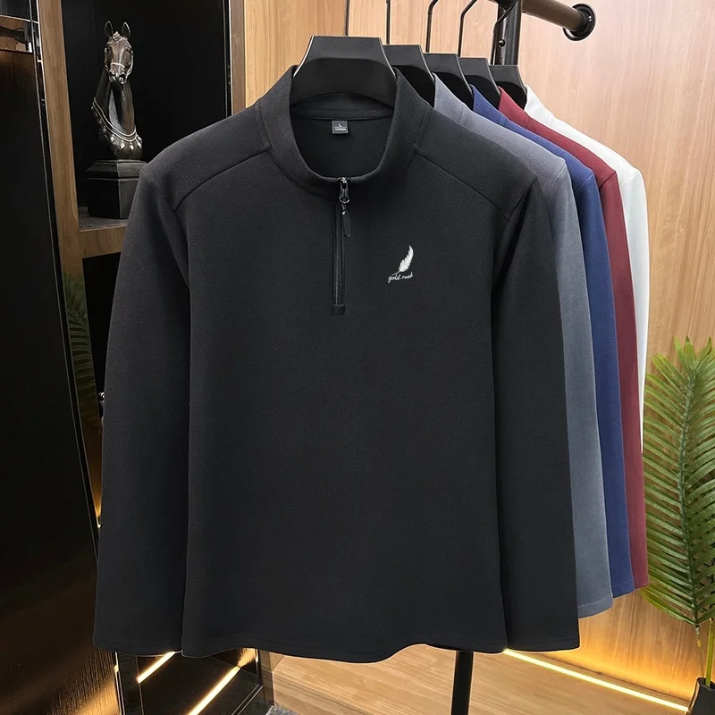 Men autumn winter half zipper stand up collar sweatshirt solid color busine casual long sleeve top versatile commut base shirt