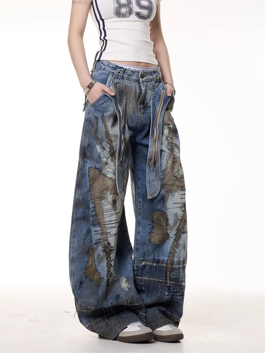 Dżinsy haftowane w stylu American Street Destruction, oversize, retro, sprane, modne, luźne, casualowe, z szerokimi nogawkami.
