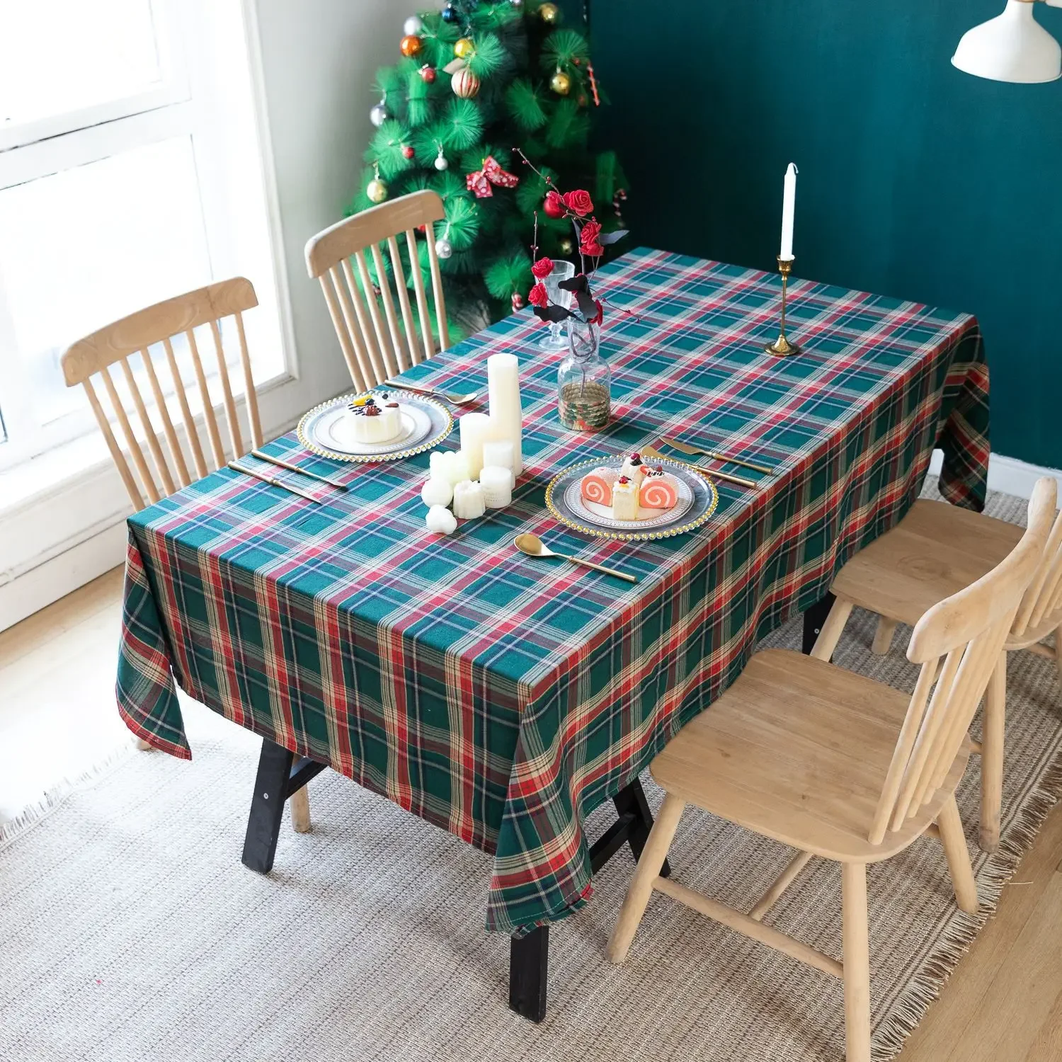 Christmas Plaid Tablecloth Color Woven Polyester Cotton Red Green Table cover for Home Party Dining Decor