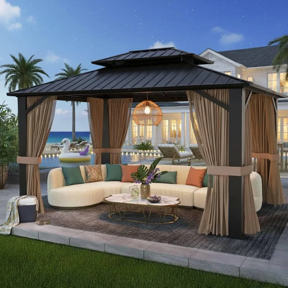 

Беседка с твердым верхом 10x12 футов, металлический павильон с сетчатой москитной сеткой и шторами, всепогодная уличная беседка для сада, патио