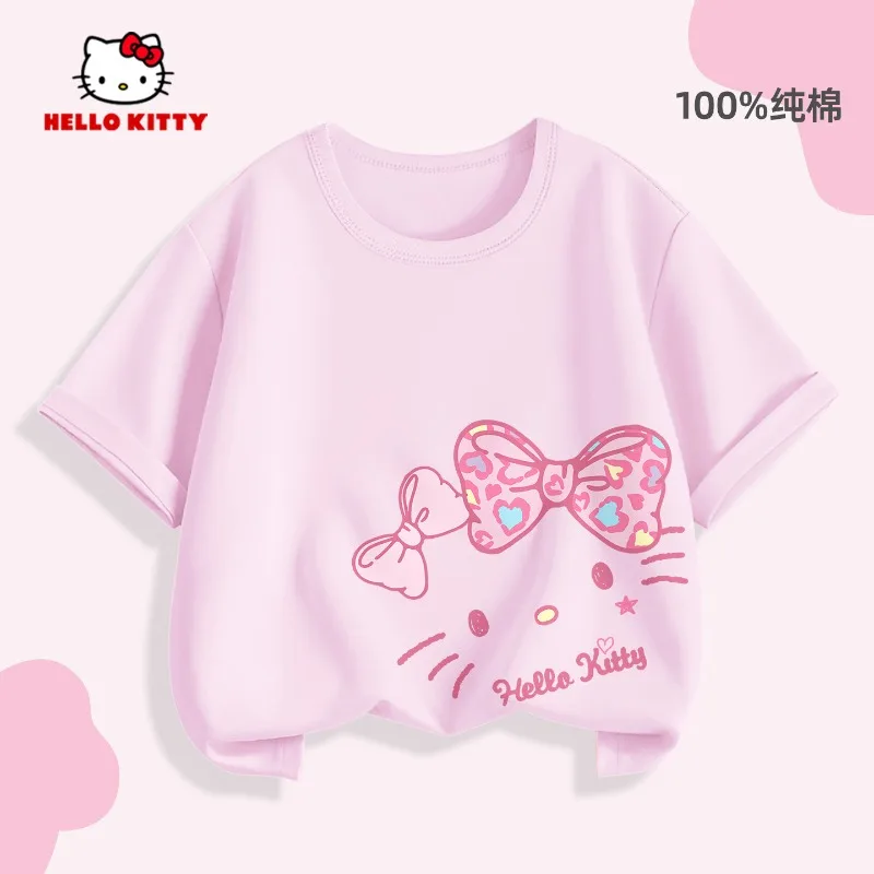 2026 Summer Children's T-shirt Soft Cute Hello Kitty Cartoon Printed Parent Child Wear Pure Cotton Casual Boys and Girls' Top