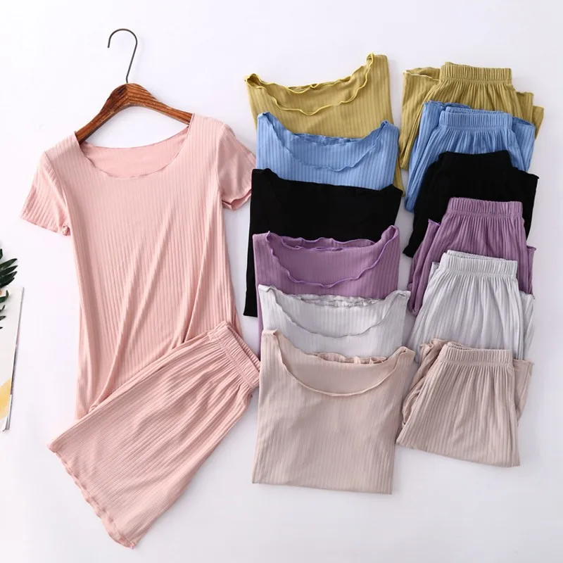 

Summer pajamas sets Modal O-neck short sleeved Tshirt and shorts Casual homewear 2pcs suit comfort sleepwear dible tree fungus