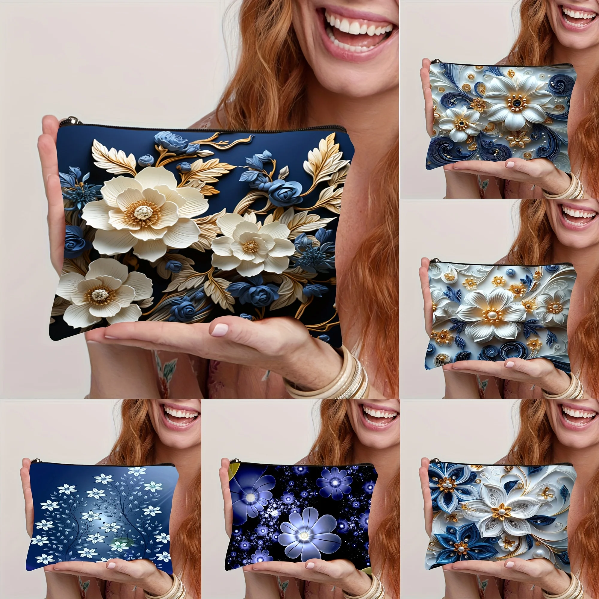 Modern Floral Cosmetic Bag Storage Pouch Blue and White Floral Patterns Travel Essentials Organizer Makeup Bag Unisex Adult