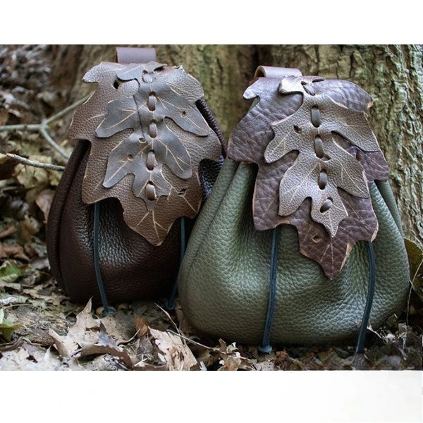 Medieval Waist Belt Bag Faux Leather Leaf Green Belt Bag for Women Elf Viking Vintage Pocket Bags Costume Cosplay Accessory Prop