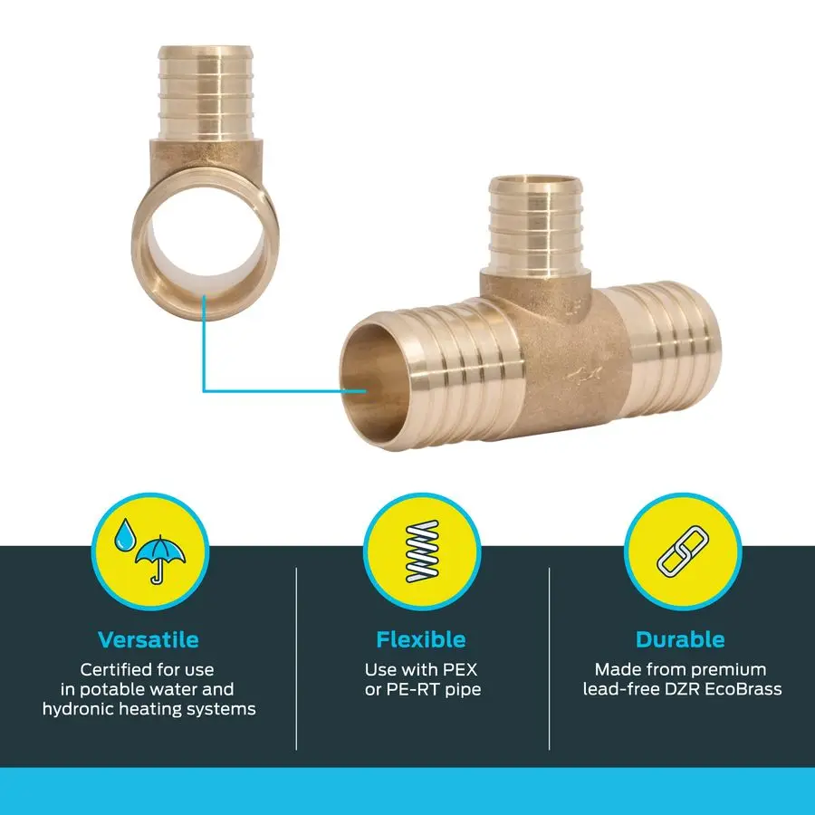 11 2 x 11 2 x 1 Inch Brass Crimp Reducing Tee, PEX Pipe, PERT, UC08414128