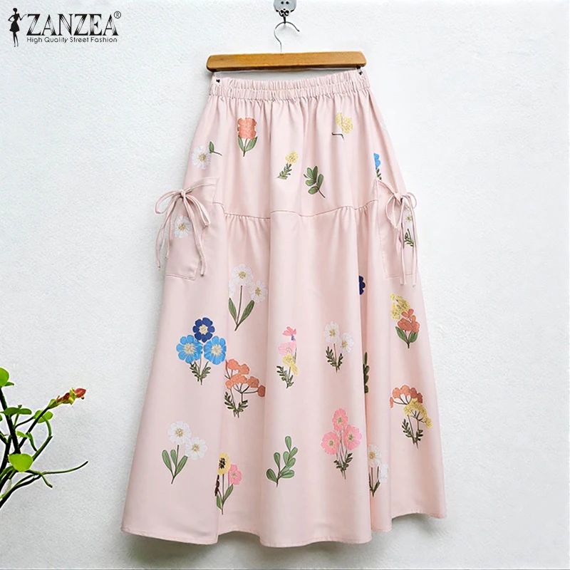 ZANZEA Modne Spódnice Maxi Damskie 2025 Jesienne Długie Spódnice z Kwiatowym Nadrukiem, Elastyczna Talia, Luźne Spódnice na Wakacje, Jupes Faldas Saia