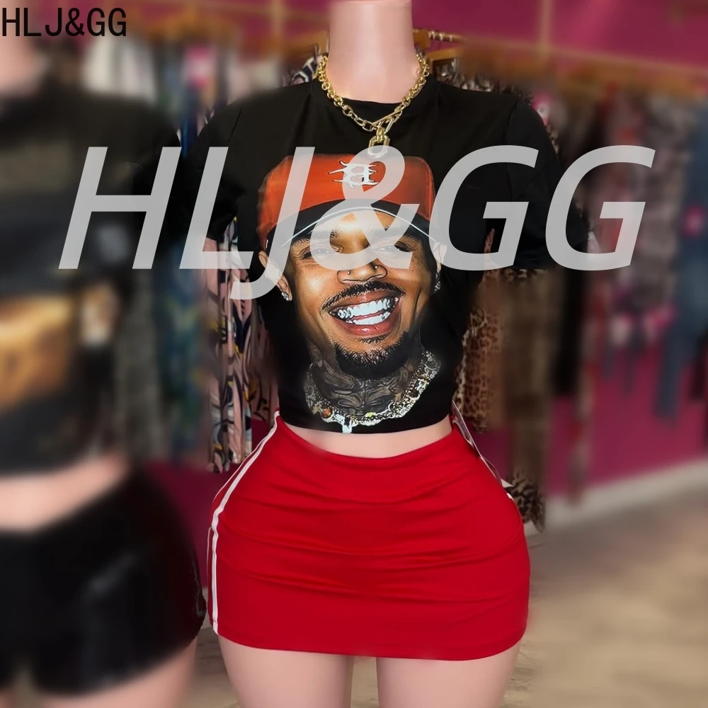 HLJ&GG Y2K Black Fashion Pattern Print Mini Skirts Two Piece Sets Women Round Neck Short Sleeve Top And Skirts Outfits Outfits
