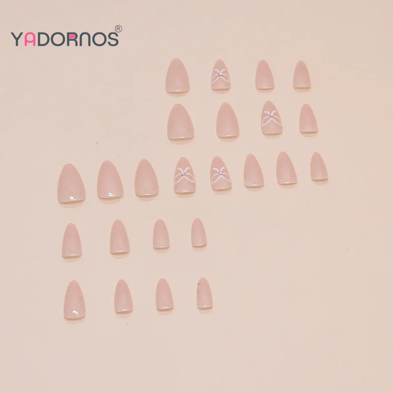 Nude Color Press on Nails Simple Almond Fake Nails Bowknot Designs Sweet Girls Charms False Nails Patches Korean Style Manicure